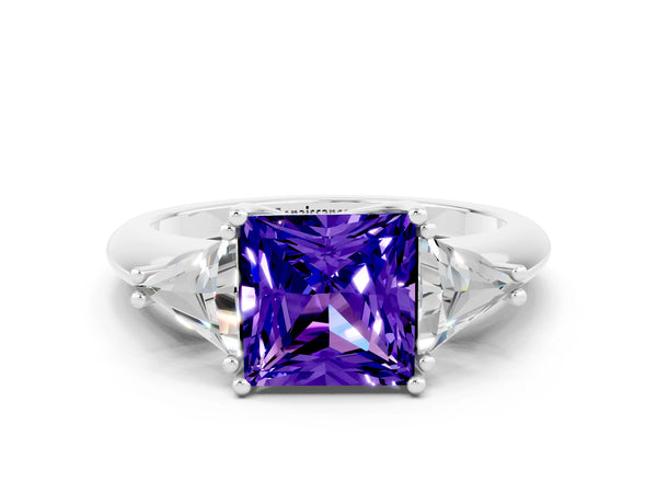 Silver Three-Stone Princess Cut Tanzanite Engagement Ring with Trillion Side Stones and Prong Setting
