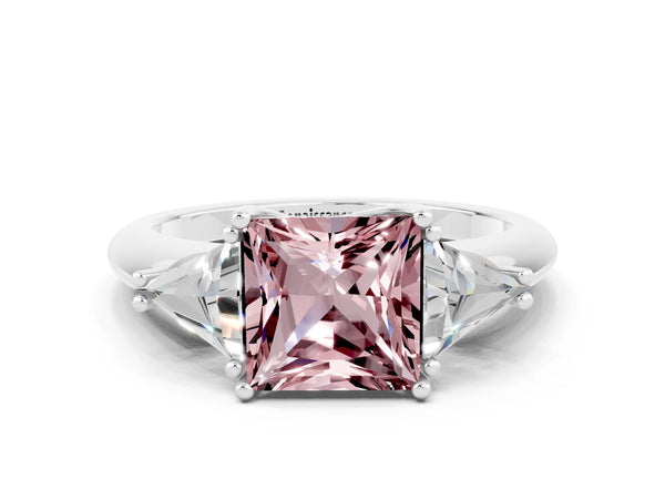 White gold Three-Stone Princess Cut Cut Diamond Ring with Trillion Side Stones and Four-Prong Setting