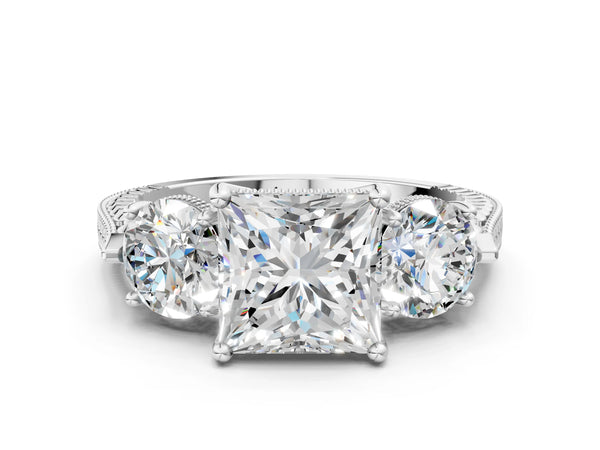 Sterling Silver Round Vintage Three Stone Engagement Ring Setting
