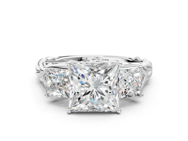 White gold Three-Stone Princess Cut Diamond Braided Band Ring with Four-Prong Setting
