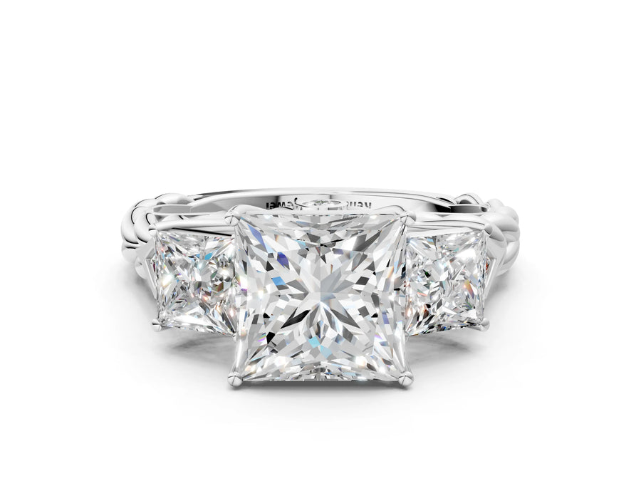 White gold Three-Stone Princess Cut Diamond Braided Band Ring with Four-Prong Setting