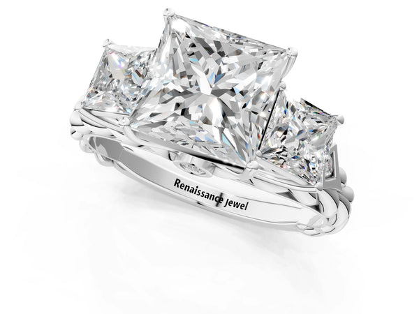 Platinum Three-Stone 3.39 Carat D VVS2 Princess Diamond Braided Band Ring with Four-Prong Setting