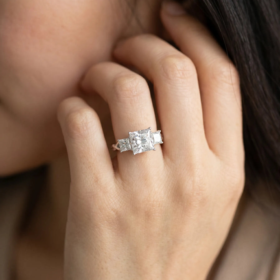 White gold Three-Stone Princess Cut Diamond Braided Band Ring with Four-Prong Setting