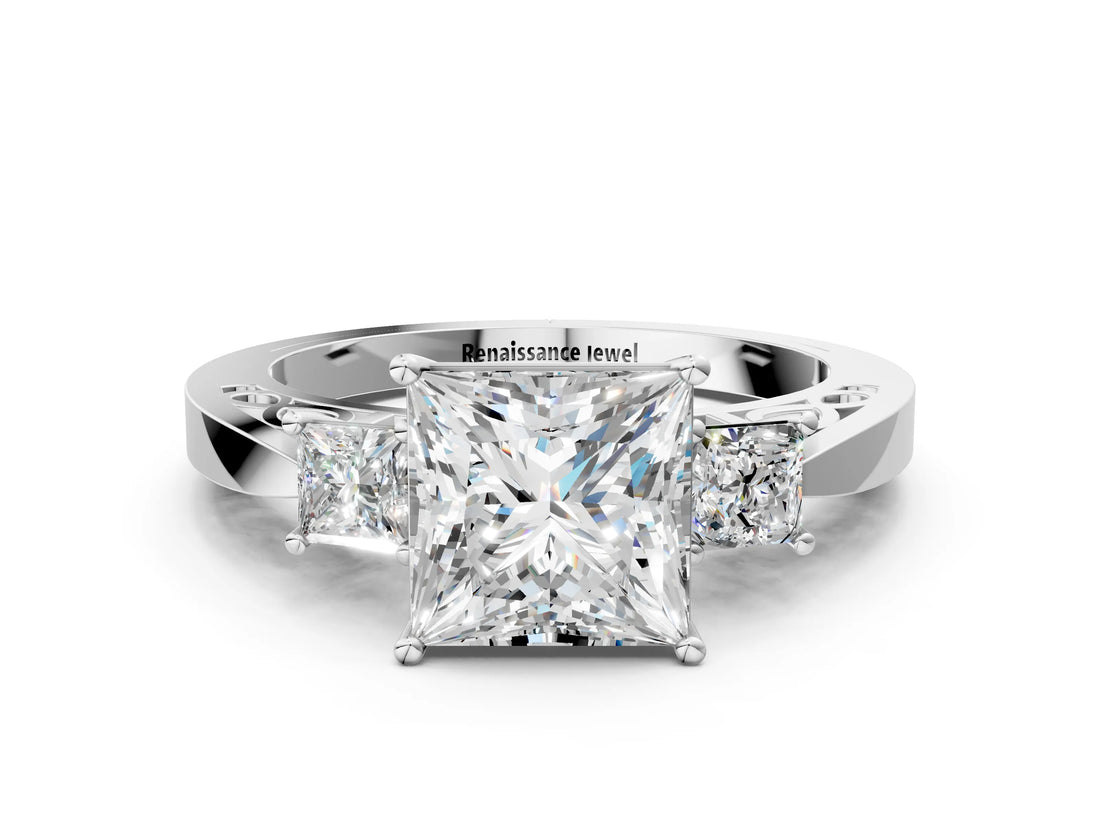 White gold Three-Stone Princess Cut Diamond Cathedral Engagement Ring with Prong Setting_6