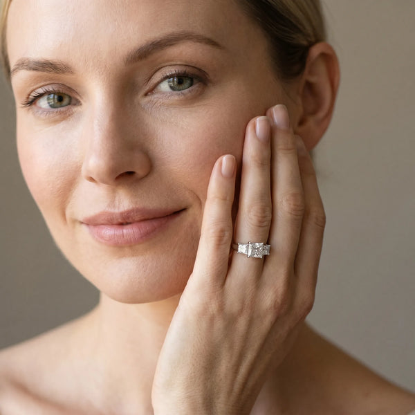 White gold Three-Stone Princess Cut Diamond Engagement Ring with Channel Set Band and Four-Prong Setting