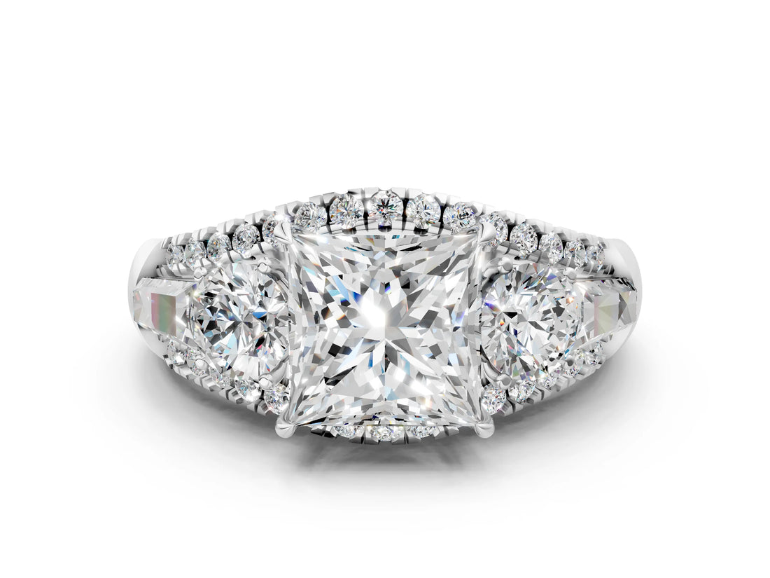 White gold Three-Stone Princess Cut Diamond Engagement Ring with Pave Band and Prong Setting_6