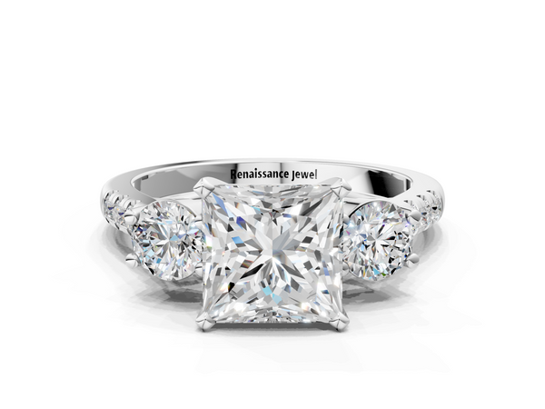 Platinum Princess Cut Three Stone Engagement Ring Setting with Round Side Stones and Pave Shoulders