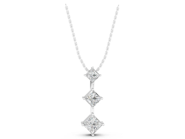 White gold Three-Stone Princess Cut Diamond Pendant with Four-Prong Setting