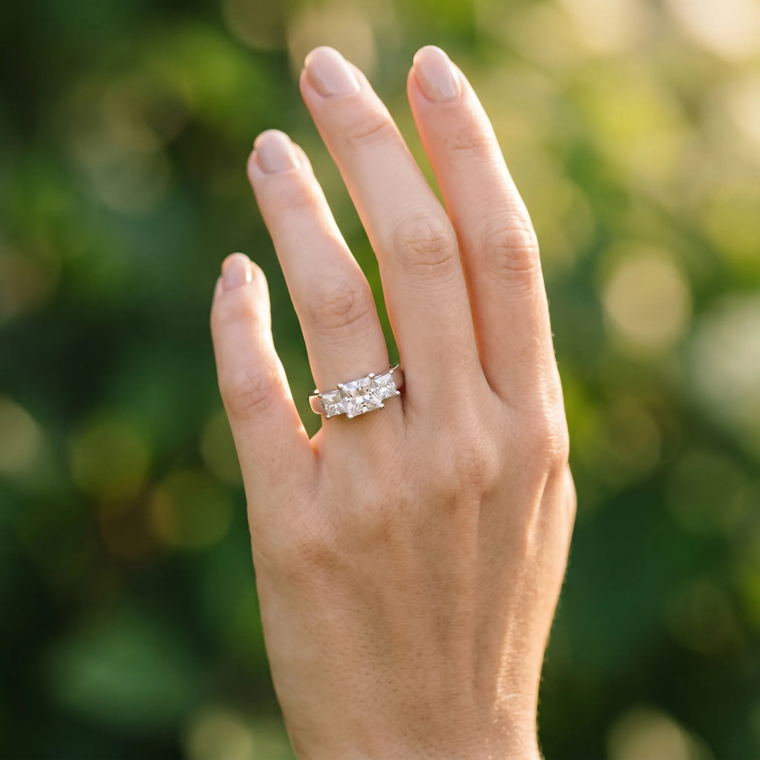 White gold Three-Stone Princess Cut Diamond Ring with Cathedral Band and Four-Prong Setting_27