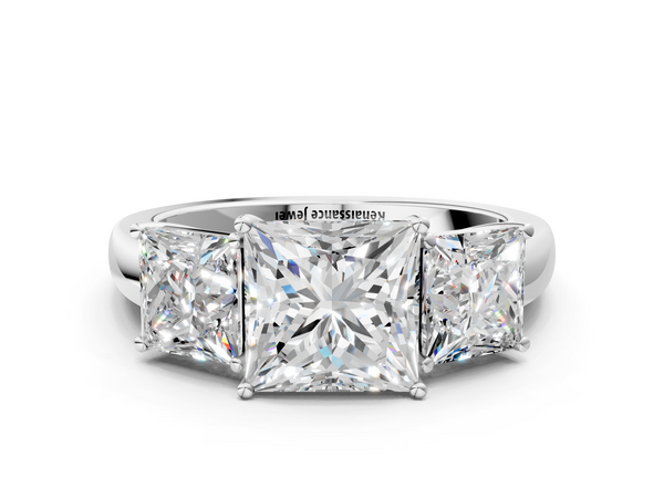 White gold Princess Cut Diamond Three-Stone Ring with Four-Prong Setting and Classic Band