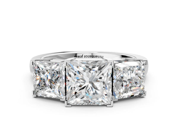 White gold Three-Stone Princess Cut Diamond Ring with Channel Set Band and Four-Prong Setting