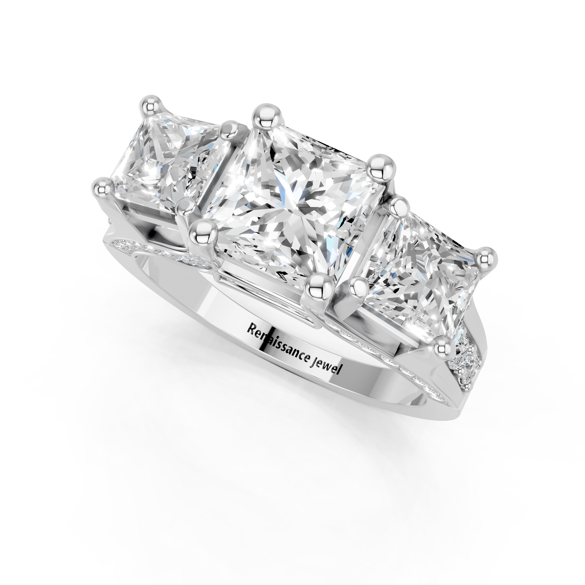 White gold Three-Stone Princess Cut Diamond Ring with Channel-Set Band and Four-Prong Setting_3