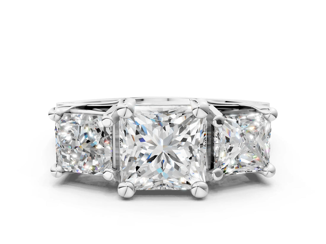 10K White Gold 3.13 Carat E VS1 Princess Diamond Three-Stone Ring with Channel Set Band and Four-Prong Setting