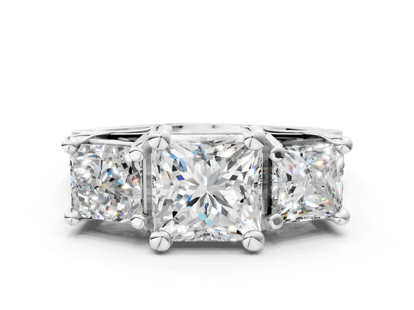 10K White Gold 3.13 Carat E VS1 Princess Diamond Three-Stone Ring with Channel Set Band and Four-Prong Setting