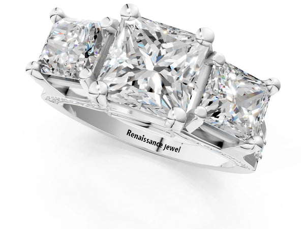 Platinum Princess Cut Three Stone Pave Engagement Ring Setting with Near-Equal Side Stones