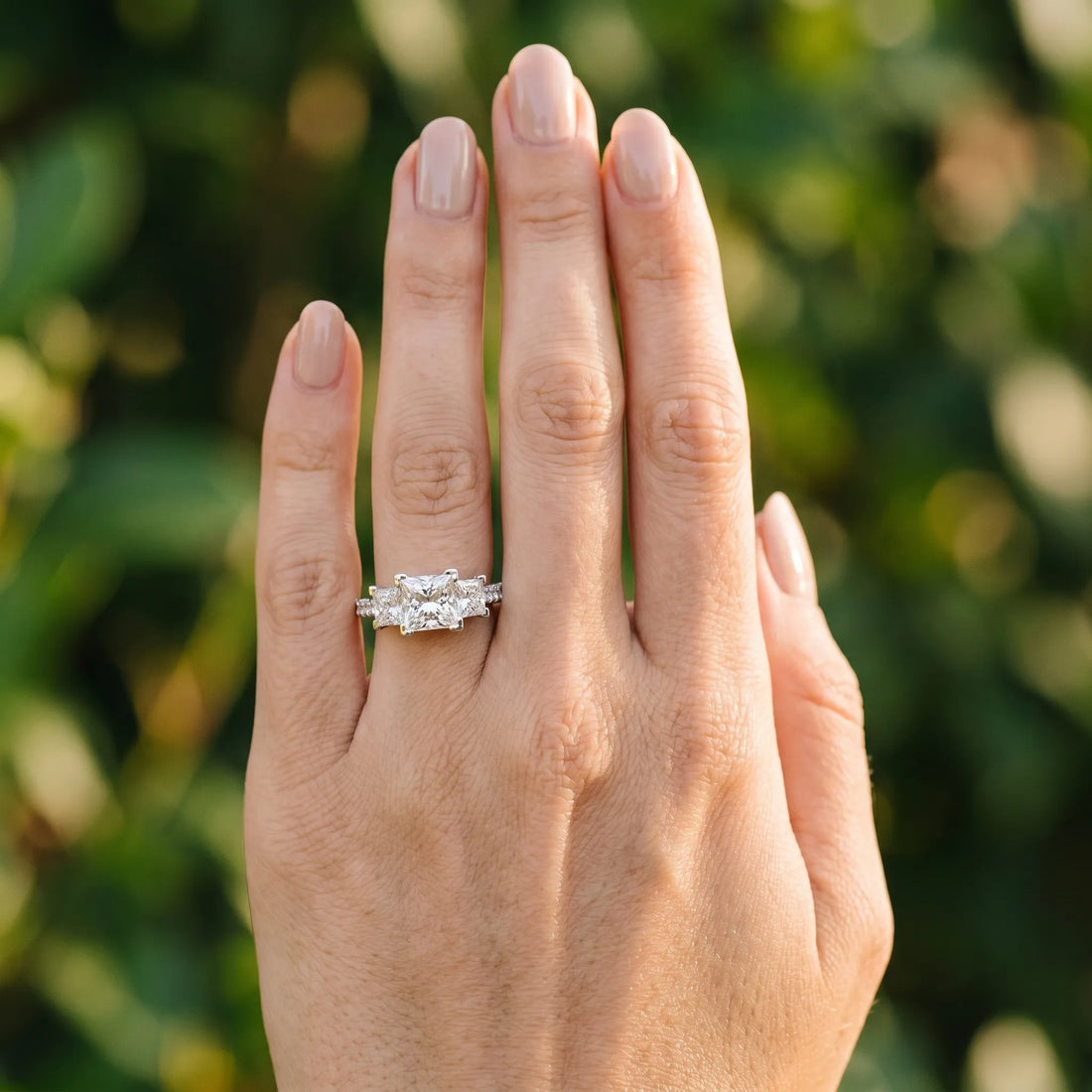 White gold Three-Stone Princess Cut Diamond Ring with Channel Set Band and Four-Prong Setting_50
