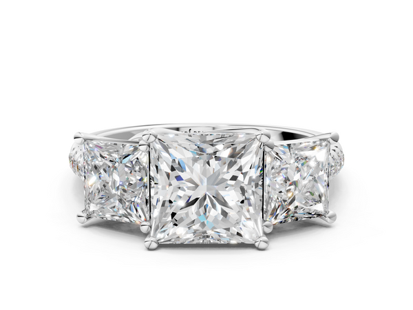 Silver Three-Stone 2.06 Carat E VS1 Princess Diamond Ring with Pavé Band and Prong Setting