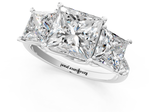 Silver Three-Stone 2.06 Carat E VS1 Princess Diamond Ring with Pavé Band and Prong Setting