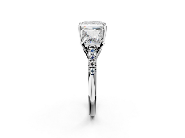 Silver Three-Stone 2.06 Carat E VS1 Princess Diamond Ring with Pavé Band and Prong Setting