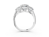 Silver Three-Stone 2.06 Carat E VS1 Princess Diamond Ring with Pavé Band and Prong Setting