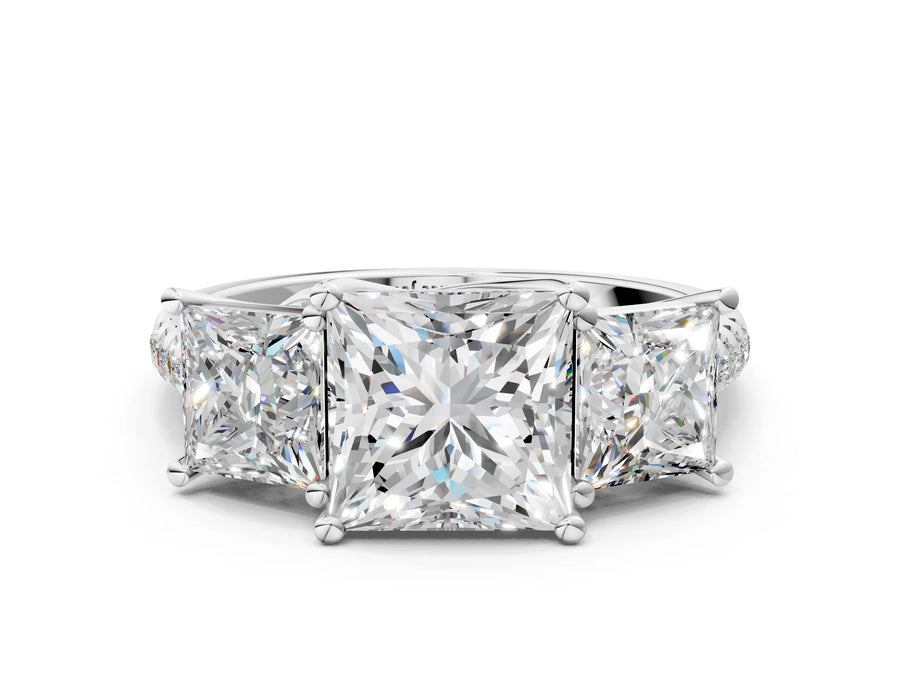 White gold Three-Stone Princess Cut Diamond Ring with Round  Pavé Band and Prong Setting