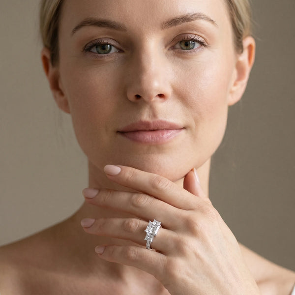 White gold Three-Stone Princess Cut Diamond Ring with Round  Pavé Band and Prong Setting