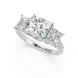 10K White Gold Three-Stone 2.54 Carat E VS1 Princess Cut Diamond Ring with Pavé Band and Prong Setting