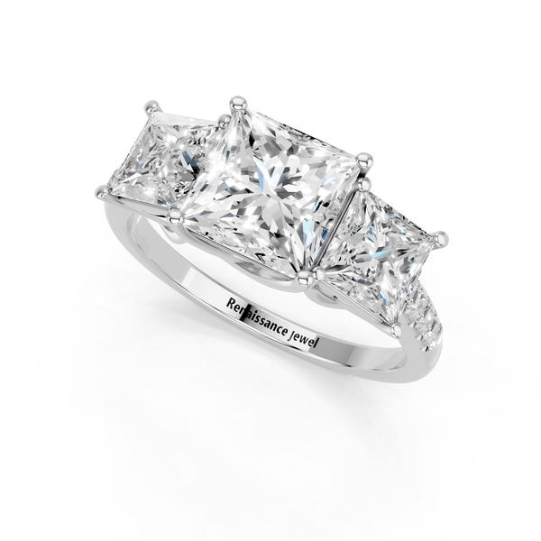 10K White Gold Three-Stone 2.54 Carat E VS1 Princess Cut Diamond Ring with Pavé Band and Prong Setting