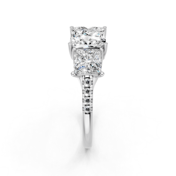 10K White Gold Three-Stone 2.54 Carat E VS1 Princess Cut Diamond Ring with Pavé Band and Prong Setting
