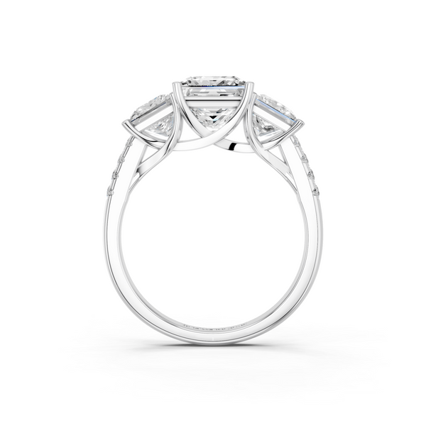 10K White Gold Three-Stone 2.54 Carat E VS1 Princess Cut Diamond Ring with Pavé Band and Prong Setting