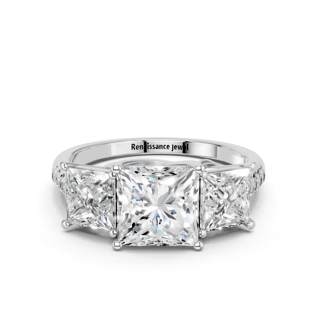 10K White Gold Three-Stone 2.54 Carat E VS1 Princess Cut Diamond Ring with Pavé Band and Prong Setting