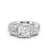 10K White Gold Three-Stone 2.54 Carat E VS1 Princess Cut Diamond Ring with Pavé Band and Prong Setting