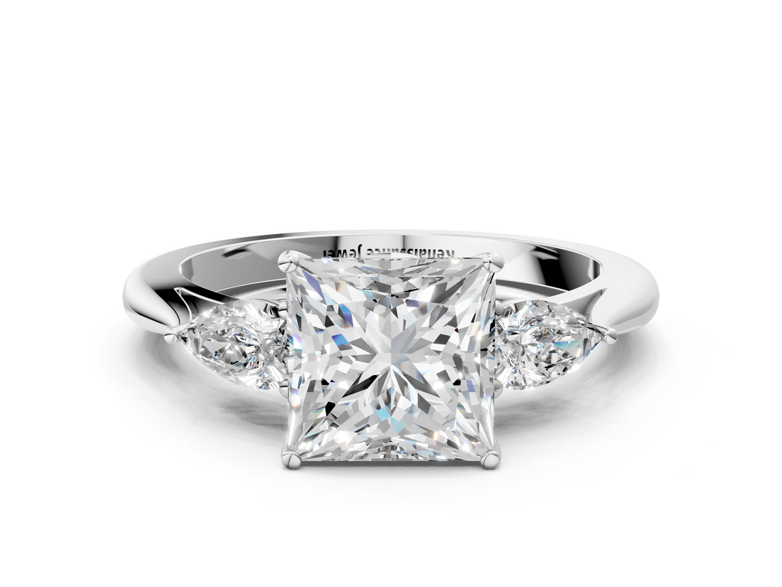 White gold Three-Stone Princess Cut Diamond Ring with Pear Side Stones in Four-Prong Setting_134