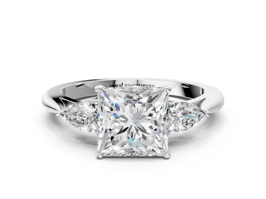 White gold Three-Stone Princess Cut Diamond Ring with Pear Side Stones in Four-Prong Setting