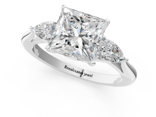 White gold Three-Stone Princess Cut Diamond Ring with Pear Side Stones in Four-Prong Setting