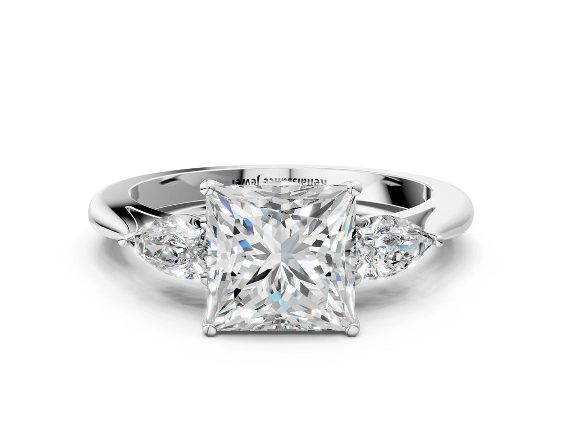 White gold Three-Stone Princess Cut Diamond Ring with Pear  Side Stones in Four-Prong Setting_22