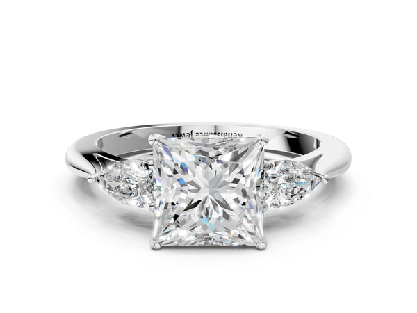 White gold Three-Stone Princess Cut Diamond Ring with Pear  Side Stones in Four-Prong Setting