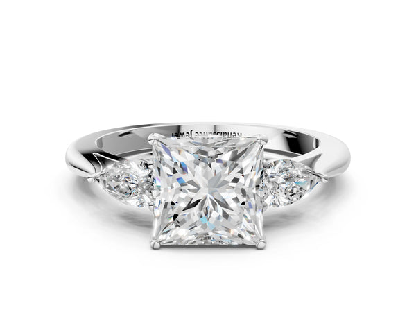 White gold Three-Stone Princess Cut Diamond Ring with Pear  Side Stones in Four-Prong Setting