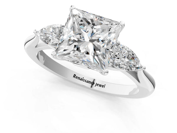 White gold Three-Stone Princess Cut Diamond Ring with Pear  Side Stones in Four-Prong Setting