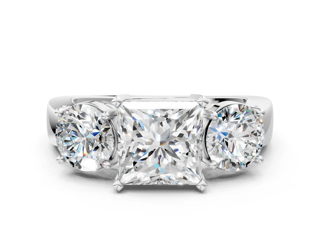 White gold Three-Stone Princess Cut Diamond Ring with Round Side Stones, Classic Band, and Four-Prong Setting_7