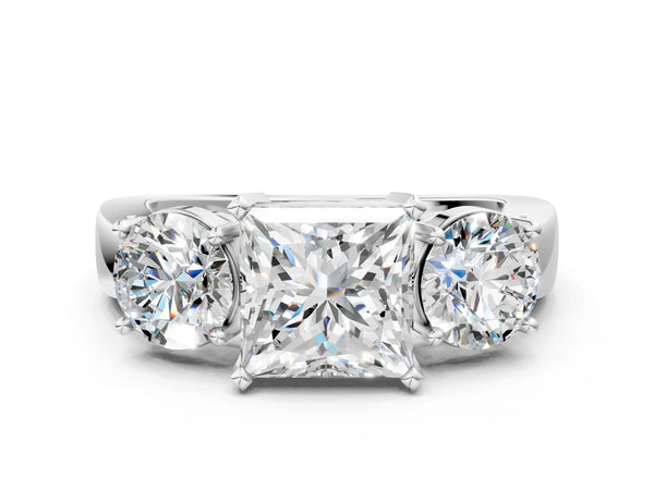 White gold Three-Stone Princess Cut Diamond Ring with Round Side Stones, Classic Band, and Four-Prong Setting