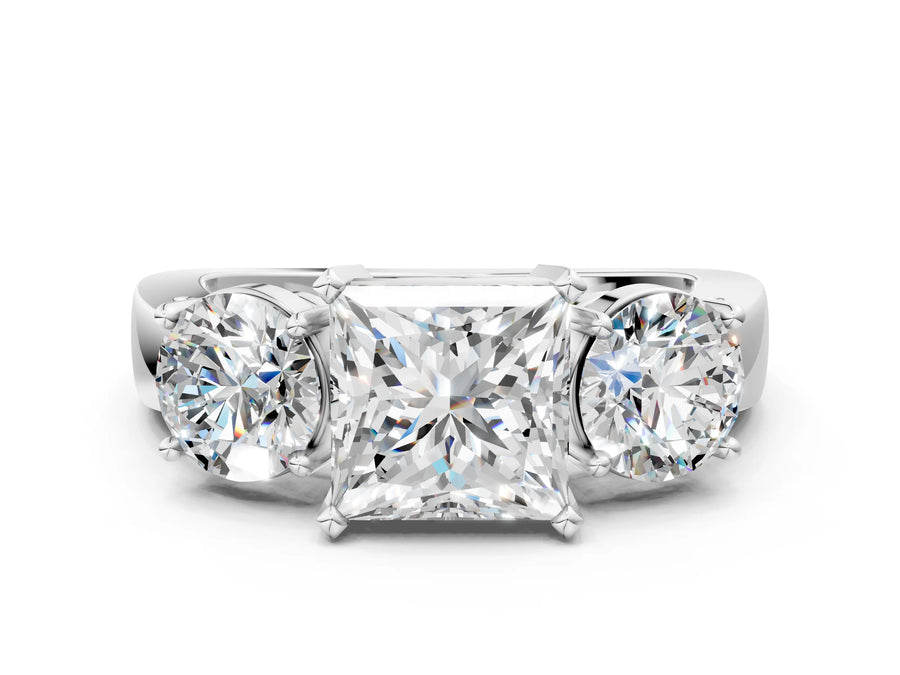 White gold Three-Stone Princess Cut Diamond Ring with Round Side Stones, Classic Band, and Four-Prong Setting