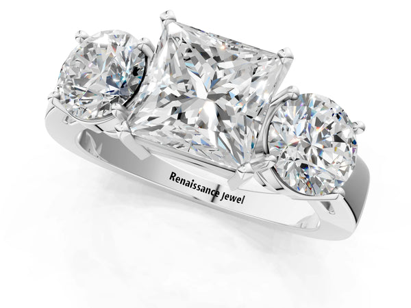 White gold Three-Stone Princess Cut Diamond Ring with Round Side Stones, Classic Band, and Four-Prong Setting