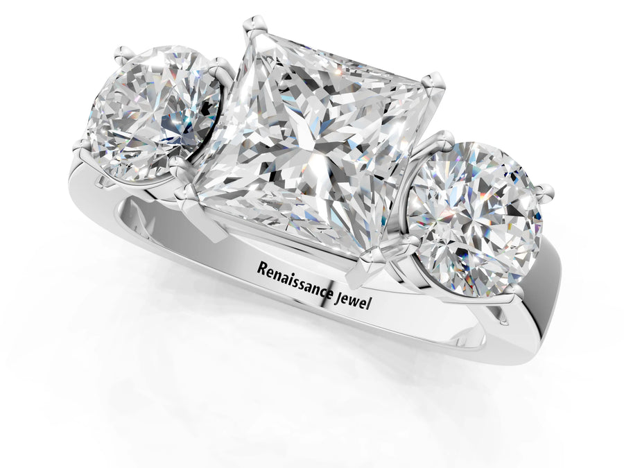 White gold Three-Stone Princess Cut Diamond Ring with Round Side Stones, Classic Band, and Four-Prong Setting