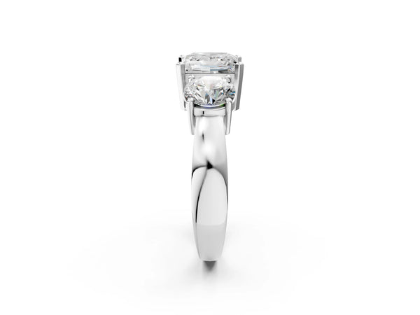 White gold Three-Stone Princess Cut Diamond Ring with Round Side Stones, Classic Band, and Four-Prong Setting