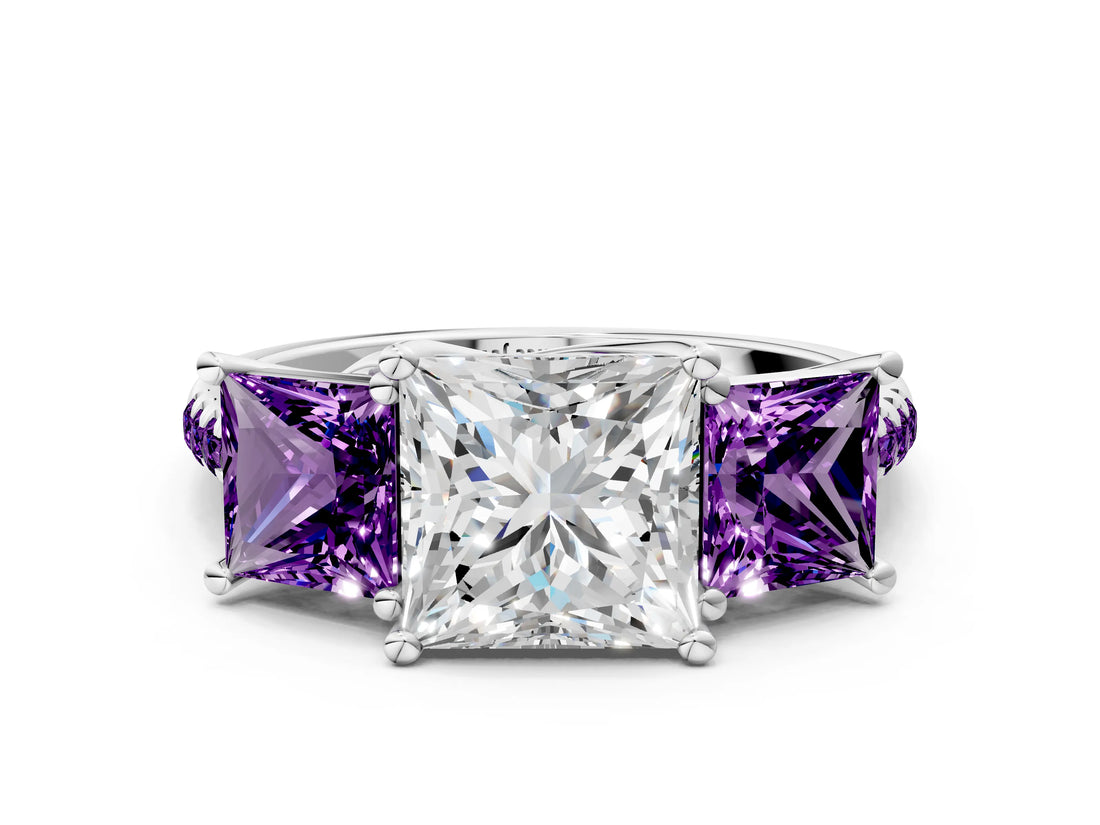 White gold Three-Stone Princess Cut Diamond Ring with Round with Amethyst side stone Pavé Band and Prong Setting