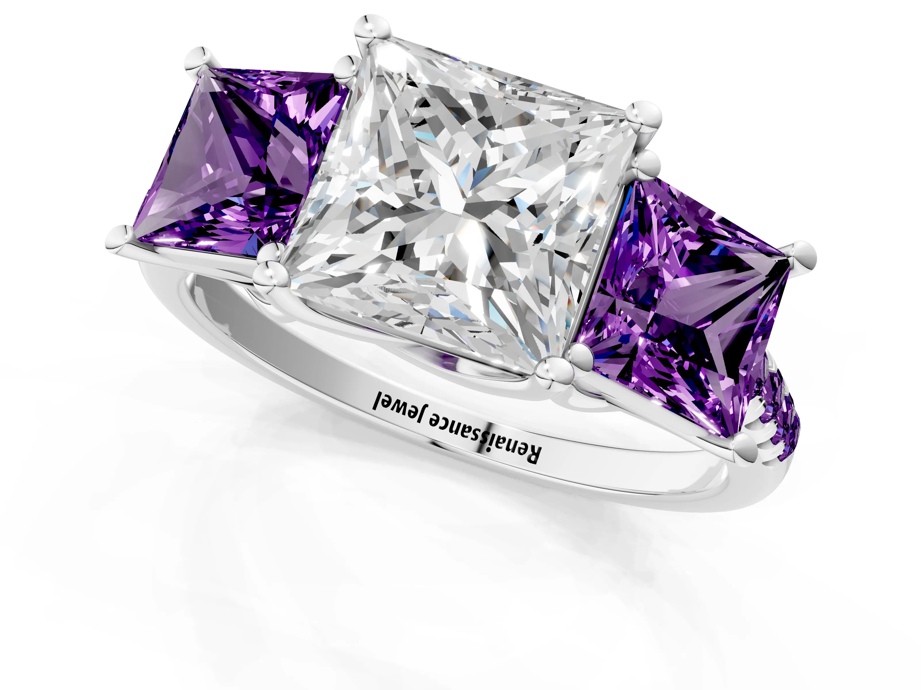 White gold Three-Stone Princess Cut Diamond Ring with Round with Amethyst side stone Pavé Band and Prong Setting_1