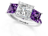White gold Three-Stone Princess Cut Diamond Ring with Round with Amethyst side stone Pavé Band and Prong Setting_1