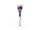 White gold Three-Stone Princess Cut Diamond Ring with Round with Amethyst side stone Pavé Band and Prong Setting_14