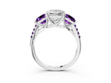 White gold Three-Stone Princess Cut Diamond Ring with Round with Amethyst side stone Pavé Band and Prong Setting_15